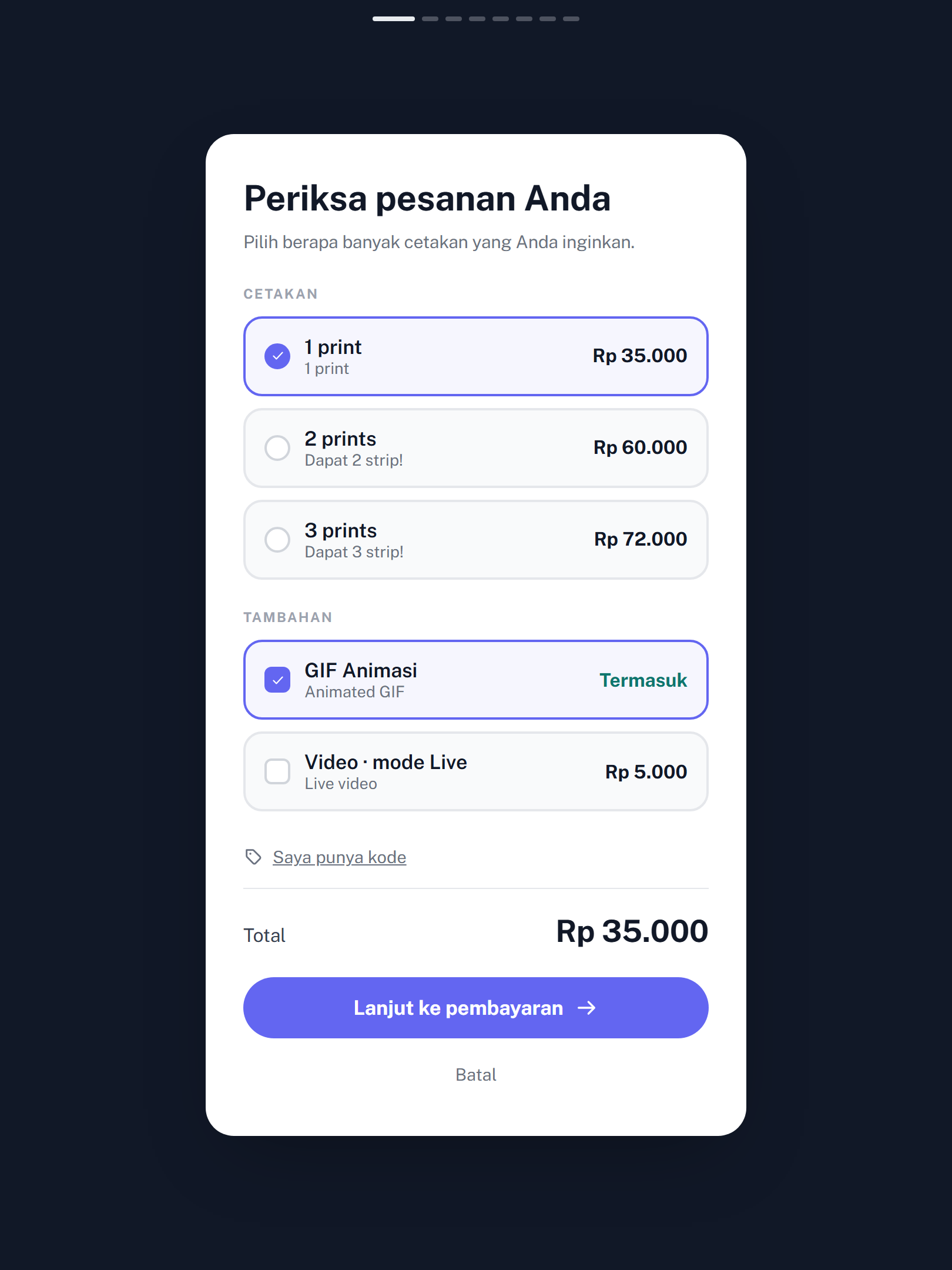 Choose: A price list you set. Prints, a GIF, a video; a code if they have one.